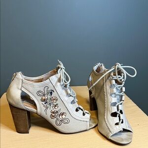 Not Rated Embroidered Lace-Up Heels - Cream